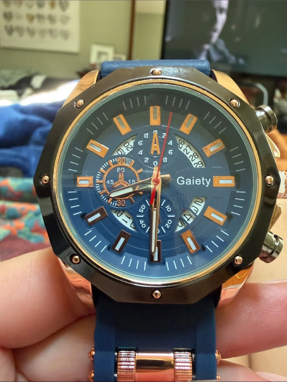 Men's Blue Silicone Strap Chronograph Watch Lightweight Navy & Rose Gold